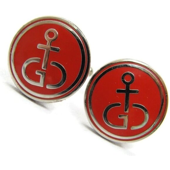Vintage Gibdock Cufflinks European Ship Repair Company Silver Tone Red Enamel - Picture 3 of 14
